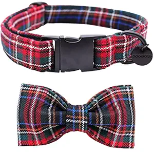 DOGWONG Cotton Dog Collar with Bowtie for Small Medium Large Dogs Plaid Pet Collar Comfortable Dog Collar, Bowtie Dog Collar Adjustable XS-XL