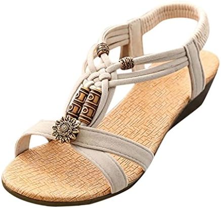 Falaiduo Fashion Women's Bohemian Beaded Ankle Strap Flat Sandal Large Size (36, E Beige)