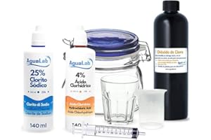 Agualab® Kit Herramientas Potabilizador de Agua con Clorito Sódico 25% (140 ml) + Activador - Ácido Clorhídrico 4% | Kit para preparar Dióxido de Cloro | Kit para potabilizar y desinfectar el Agua