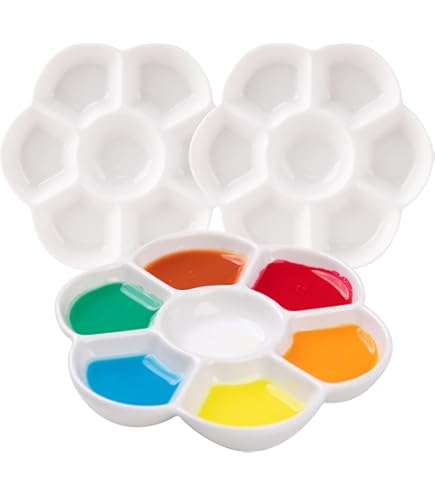 Lot De 12 Palettes Rondes De Mélange + 10 Pinceaux - 11 Cases, Plastique Lisse, 16 Cm - Pour Aquarelle, Acrylique, Huile - 10