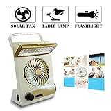 Ventilateur Refroidissement Solaire Portable 3-En-1 Multi-Fonction avec Garde de Sécurité LED Lampe de Bureau Lampe de Poche Adaptateur Panneau Solaire pour Camping Familial(Golden)
