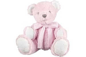 SUKI GIFTS Suki Baby Hug-a-Boo Super Soft Plush Bear with Rattle in Tummy and Striped Cotton Bow (Small, Pink)