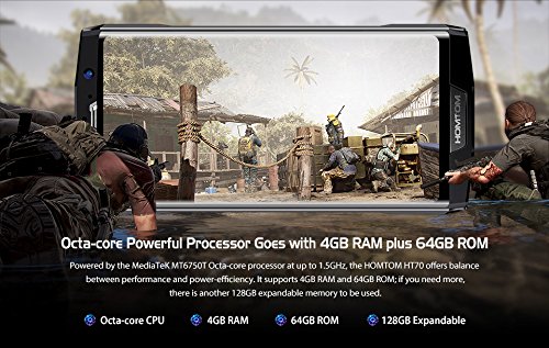 HOMTOM HT70 - Smartphone Android 7.0 4G da 6.0 pollici (rapporto 18: 9), batteria da 10000 mAh Â  ricarica rapida, Octa Core da 1,5 GHz 4 GB + 64 GB, fotocamera tripla, OTG tipo-C - Argento