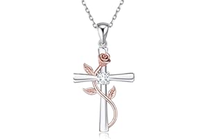 BlingGem Collier pour Femme Croix Rose Argent 925/1000 Oxyde de Zirconium Fleur Pendentif Collier Mère Fille Cadeau pour Femme 48 cm
