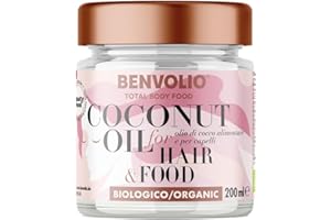 BENVOLIO - Olio di Cocco per Capelli Biologico Total Body Food | 200ml | per Capelli Ricci, Secchi o Crespi | Termoprotettore, Leave in Conditioner | Alimentare | Coconut Oil For Hair