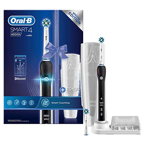 Oral-B Smart 4 4500N CrossAction Cepillo de dientes eléctrico recargable con tecnología de Braun, 1 mango negro, 3 modos, 2 cabezales de recambio y 1 estuche de viaje de plástico gratis