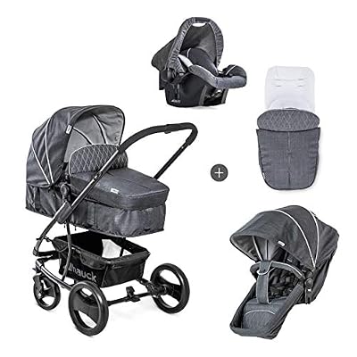 Hauck/Pacific 4 Shop N Drive/Poussette Combinée 7 pièces/jusqu'à 25 kg/Cosy Gr 0/Nacelle transformable en Assise réversible/Matelas/Couvre-jambes/légère/grande roue/pliant/Melange Charcoal (Gris)