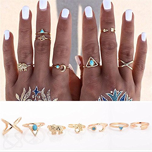 JaneDream 7Pcs Vintage Steampunk Cross Moon Anillos Midi Finger Knuckle Rings Set Gold