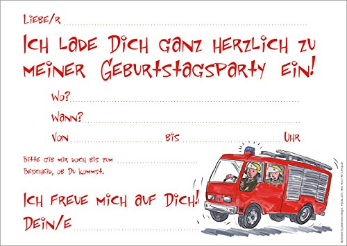 12 er Set lustige Einladungskarten Karten mit einem illustrierten Feuerwehrauto zum Kindergeburtstag oder zur Party von ArtUp - 2