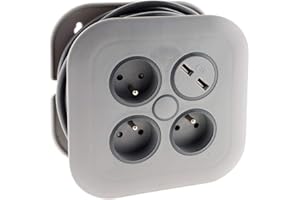 Zenitech - Enrollador doméstico 3 tomas 2P+T 16A + disyuntor + 2x USB - Gris - 7 metros