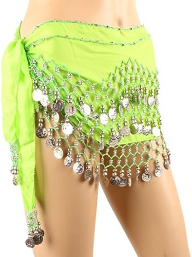 DEOK Belly Dance Costume Belt 142 Gold Silver Coins Chiffon Sequins Waist Hip Scarf