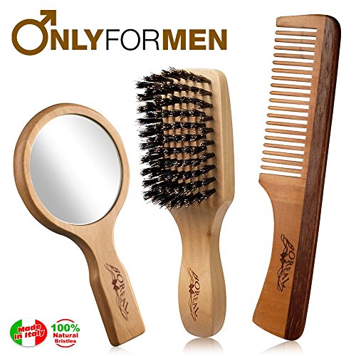 Set for man: beard brush, hair comb and mirror. All made of wood. Made in Italy.