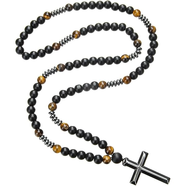 Jovivi Rosario Cattolico Collana Occhio Di Tigre Ossidiana Collana Con Ematite Croce Preghiera Gemma Gioielli Donna Uomo, Gemma