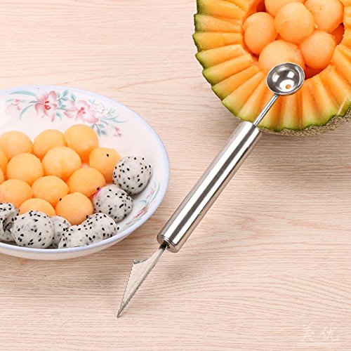 VECELO 2-in-1 Kugelausstecher Melonenlöffel Universalformer Fruchtfleischmesser Edelstahl Rostfrei für Dekoration Frucht-Salate Cocktails Desserts und Kuchen-Silber - 2