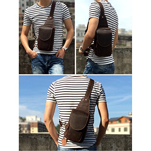 Hombres Retro Aut  ntico Cuero de Vaca Deporte Excursionismo Paquete de Crossbody Mochila Mensajero Bolso del Pecho  marr  n 
