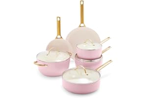 GreenPan Reserve Set di Pentole Antiaderenti in Ceramica Anodizzata Dura, 10 Pezzi, Include Padella, Padella Sauté e Casseruola, Manico Oro, Senza PFAS, Induzione, Forno Sicuro, Rosa Pallido