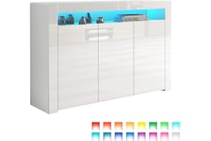 UMAIL Sideboard with LED Lights High Gloss Cabinet 3-Door Cupboard Storage Unit TV Stand Unit for Living Room Bedroom Dining Room, 152x35x97cm, White