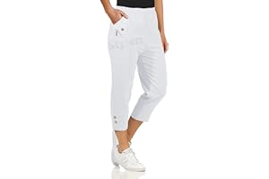 URBAN STITCH Womens Capri Trousers Ladies Three Quarter Soft 3/4 Cropped Pants UK Ladies Stretch Pull on Trousers Elasticated Waist Plus Size Summer Shorts