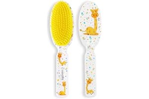 Cepillo de pelo para Bebé desde 9 hasta 17 meses - Con Púas Suaves y Flexibles - Ideal para Limpiar Costra Láctea sin Dolor o Incomodidad - Sin BPA - Con Dibujo de Jirafas - Ecofriendly - Casalfe