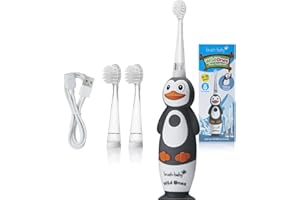 Brush-Baby WildOnes Cepillo de dientes eléctrico recargable para niños Pingüino, 1 mango, 3 cabezales de cepillo, cable de carga USB, para edades de 0 a 10 años (Pengiun)