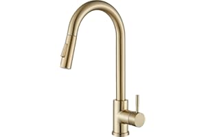 Suguword Brushed Gold Kitchen Tap, Pull Down Sprayer Tap with High Arc Spout, Single Handle Stainless Steel Mixer Tap, Dual Function Spray Head