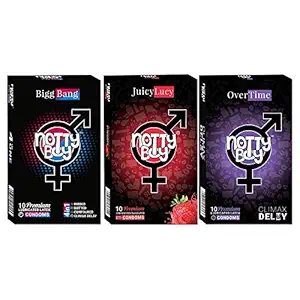 NOTTY BOY Condom For Men - Climax Delay, Ribbed, Dotted, Contoured and Strawberry Flavored Condoms - (3x10s)