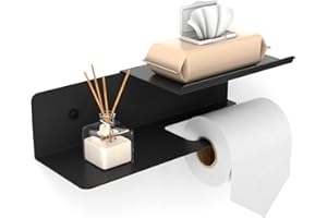 Rainsworth Grand Porte Papier Toilette avec Double Plateau, Porte Rouleau Papier Toilette avec Rangement pour lingettes humides, 30x10 cm Support Papier Toilette Mural, à percer et Autocollant,Noir