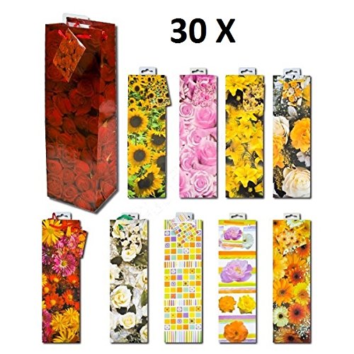 Preisvergleich Produktbild 30 Stück Geschenktüte Flaschentüte Blumen 33x10x9cm