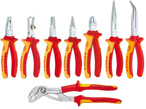 Knipex VDE - Kombizange - Abisolierzange - Seitenschneider - Flachrundzange - Storchschnabelzange - Cobra® VDE Hightech-Wasserpumpenzange - 8tlg