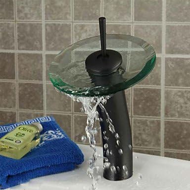 HFaucet® ORB Round Solid Brass Waterfall Sink Basin tap / Glass Spout-Black + Transparent Green