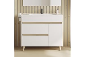 AMIZUVA - Conjunto de Mueble de Baño Kaori con 2 cajones y 1 Puerta - Anchura 100 cm - Incluye Lavabo Cerámico - Lavabo para Baño con Acabado Blanco Brillo - Mueble Lavabo 100x85,5x46 cm