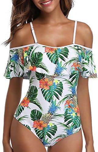 AHOOME Women Swimwear One Piece Flounce Swimsuit Pineapple Printed Off Shoulder Bathing Suit(A-S)