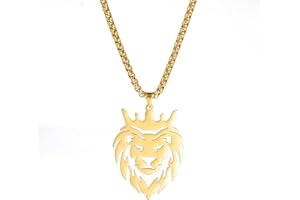 Amaxer Miłośnik zwierząt, koronowany król lwa, głowa lwa, wydrążony amulet, wisiorek hip-hopowy naszyjnik dla mężczyzn i kobiet, łańcuszek pudełkowy 58 cm, 50cm, Metal