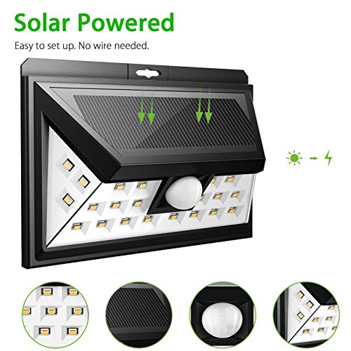 Foco solar LED de pared con sensor de movimiento - Luz de seguridad externa con recarga solar y resistente al agua - Luz solar con iluminación automática - Focos de seguridad fáciles de instalar OPUL