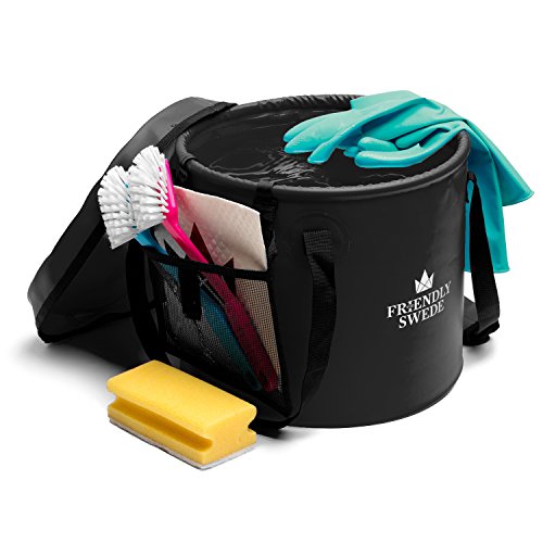 Zusammenklappbarer Falteimer Faltschüssel, Eimer für Camping, Reisen, Gartenarbeit, unterwegs – Falteimer Waschbecken Wasser Container Eimer, mit Deckel und Werkzeug Mesh Tasche – von The Friendly Swede (Schwarz 16 Liter) - 3