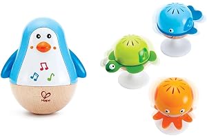 Hape Penguin Musical Wobbler, Colourful Wobbling Melody, Roly-Poly Toy for Kids 6 Months+ & Rattle Set,“Stay-Put” 3 Sea Creat