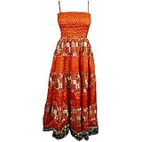 Mogul Interior Summer Dress Orange Patchwork Speghatti Strap Printed Smocked Bodice Sundress