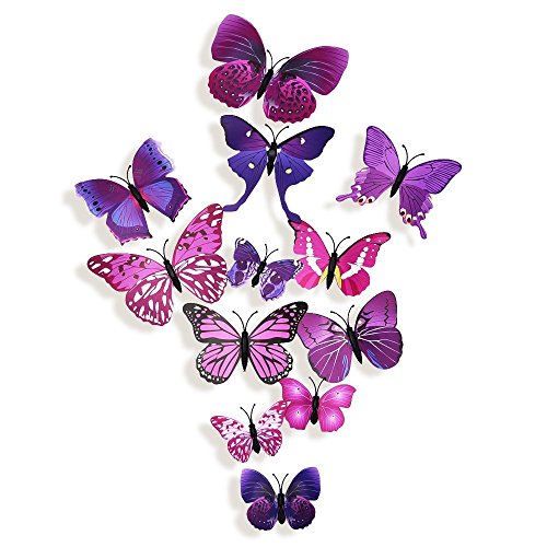 UWILD® 3D Schmetterling wandaufkleber 3D Wandtattoo Wand Aufkleber Wandsticker Schmetterling Aufkleber Schmetterlinge im 3D-Style Wanddekoration mit Klebepunkten zur Fixierung (Klebepunkten+ Magnet) (12 Blau+12 Lila) - 4