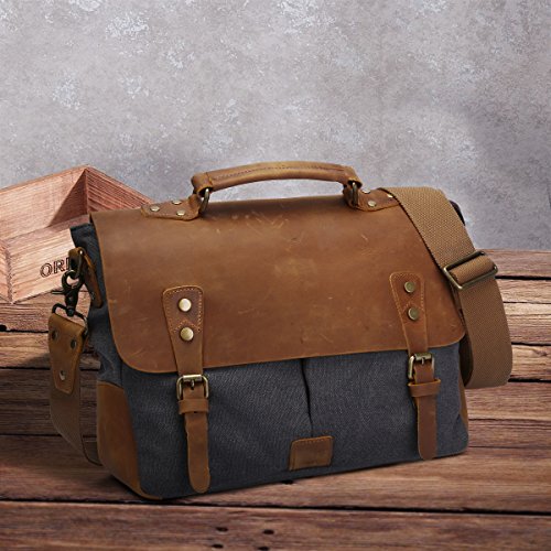 S-ZONE Vintage Segeltuch Leder Unisex Damen Herren Junge Multifunktiontasche Umh  ngetasche Henkeltaschen Laptoptasche Beutel f  r Arbeit Studium Reis