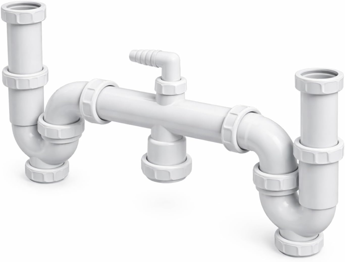 Sifón Doble Curvo para Fregadero 2 senos, Desagüe de Cocina, PVC Blanco, Sistema de Drenaje con Conexión Múltiple