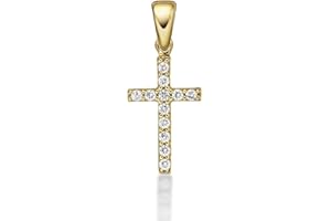 Diamond Treats Gold Cross Pendant Set with Cubic Zirconia. Luxurious Small 9K Yellow Gold Cross Pendant for Women with Optional 16-20 inch Gold Chain. Dainty Cross Necklace for Her.