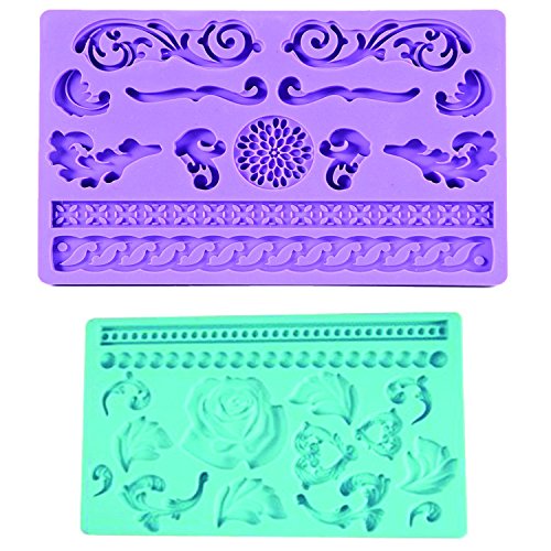 DecoCraft – 8 Stück verschiedene Kuchensilikon Kuchendekorationsdesigns und Ränder Glasurformen für Kuchen/ Cookies und Cupcakes – Rosen/ Herzen/ Blätter/ Perlen/ Ränder/ gemischte Blumen/ Schleifen/ Knöpfe + KOSTENLOSE Broschüre mit Hinweisen und Tipps - 3