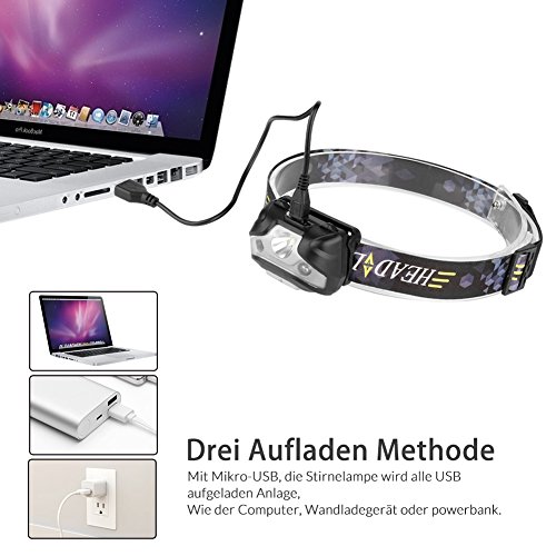 Duomishu Stirnlampe Wasserdicht USB Wiederaufladbare LED Kopflampe mit Handbewegung IR-Sensor Super Helle 3 Modi mit Sensor perfekt für Radsport Camping Wanderung Abenteur Jagd und die anderen Betätigungen im Freien, inklusive ein USB Kabel - 2