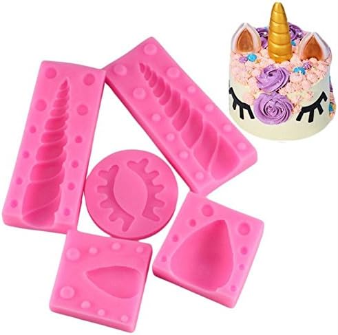 EuBaiFeng 5Pcs/1Set Random Color Eyebrows,Ears, Horn Shape Pattern Cake Decoration Non-Stick Silicone Mold Baby Birthday Party 3D Unicorn Cake Chocolate Sugar Fondant DIY Craft Decoration Tools