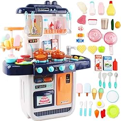 deAO Set de Cuisine 'Mon Petit Chef' avec 34 Accessoires, Plaque de Cuisson à Induction, Eau, Lumière et Son (Blue)