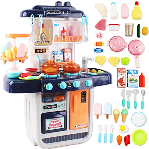 deAO Set de Cuisine 'Mon Petit Chef' avec 34 Accessoires, Plaque de Cuisson à Induction, Eau, Lumière et Son (Blue)