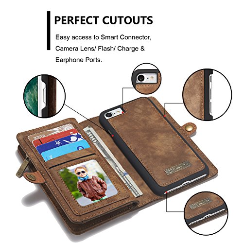 A9H iPhone 7 Multifunktions Hochwertigen PU Leder Handy Tasche mit Schutzhülle Handyhülle hülle und Geldbörse 2 in 1,Braun - 4
