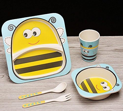 LMIB Bamboo Fiber Creative Children Cutlery Eating Food Supplement Grid Plate Table Set Fork Spoon Spoons Set,D