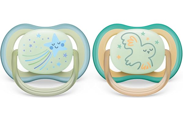 Philips Avent Sucette ultra air - 2 sucettes légères, aérées et phosphorescentes pour bébés âgés de 0 à 6 mois, sans BPA, avec étui de transport stérilisateur, Jaune (modèle SCF376/18)