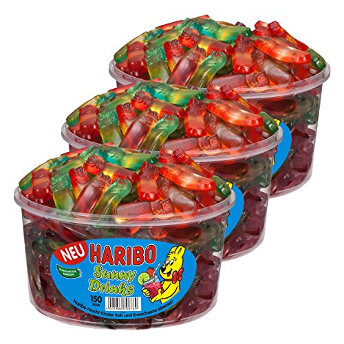 Haribo Sunny Drinks, 3er, Gummibärchen, Weingummi, Flaschenmotiv, Fruchtgummi, 150 Stück, Dose, 1200 g